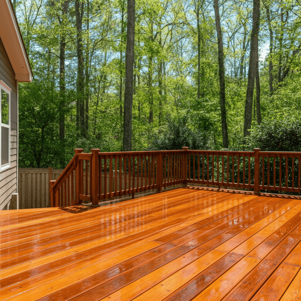Beautifully refinished wooden deck bathed in sunlight, showcasing a smooth, rich stain for a cozy and inviting outdoor space.