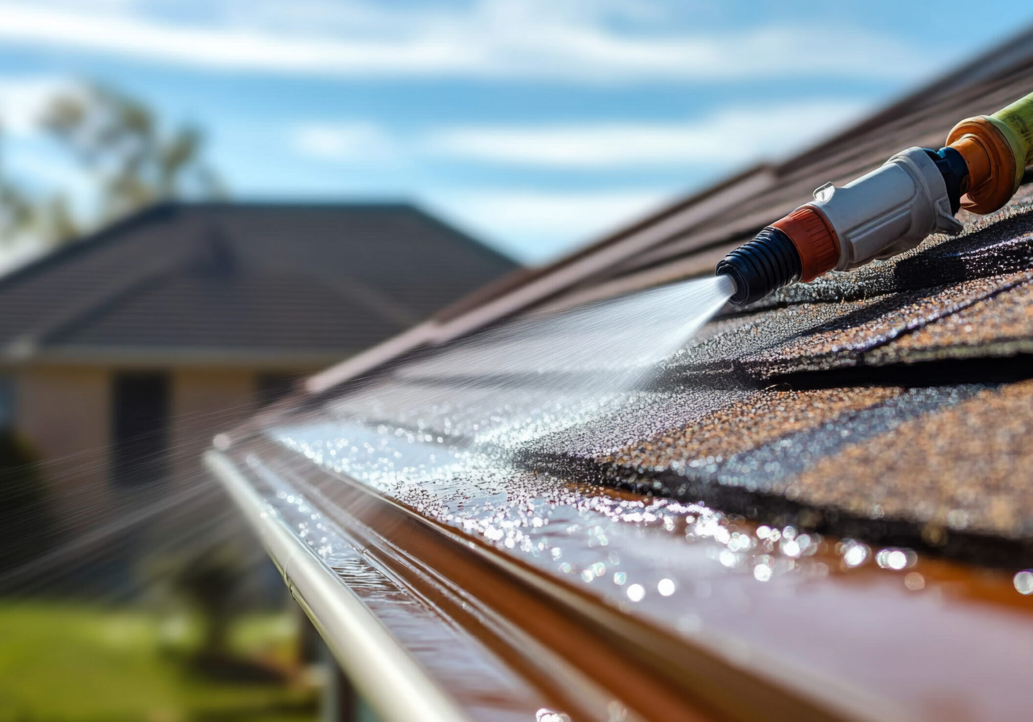 A powerful pressure washer cleaning rain gutters, removing dirt, leaves, and buildup.