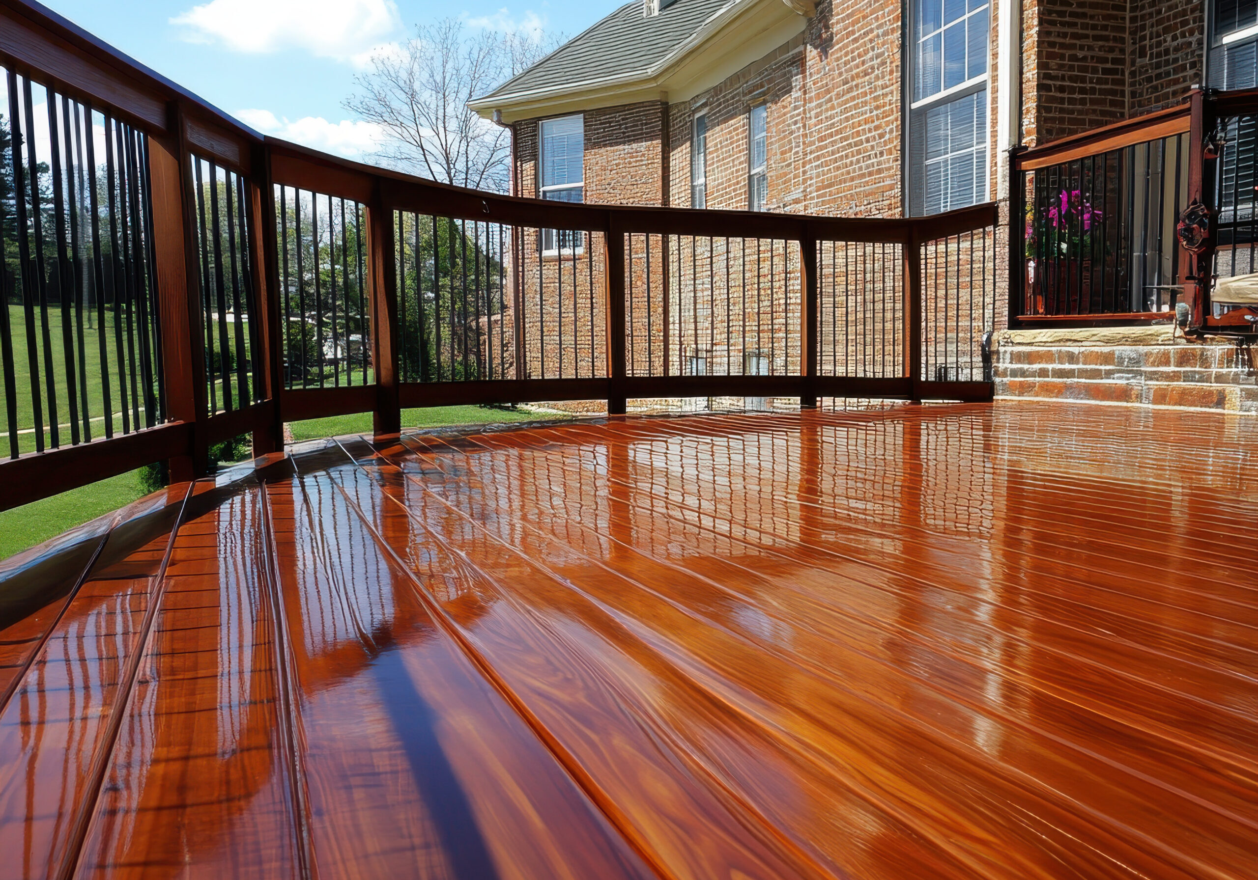 DECK PRESSURE WASH, stain AND seal service | A beautifully stained wooden deck with black metal railings on a brick house.