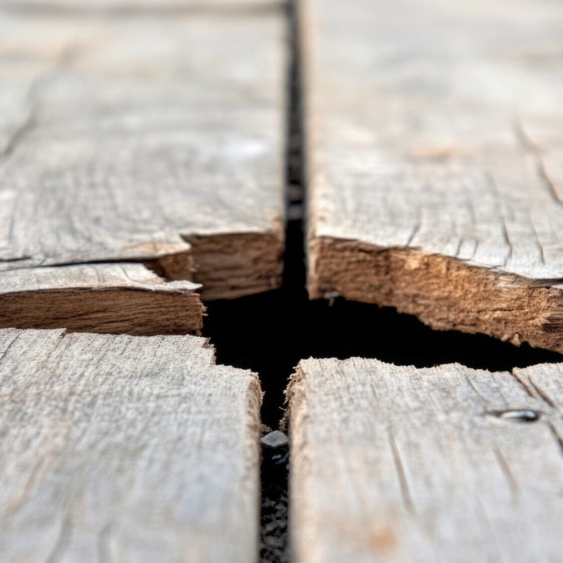 Decayed wooden planks with a large hole exposing the ground beneath.