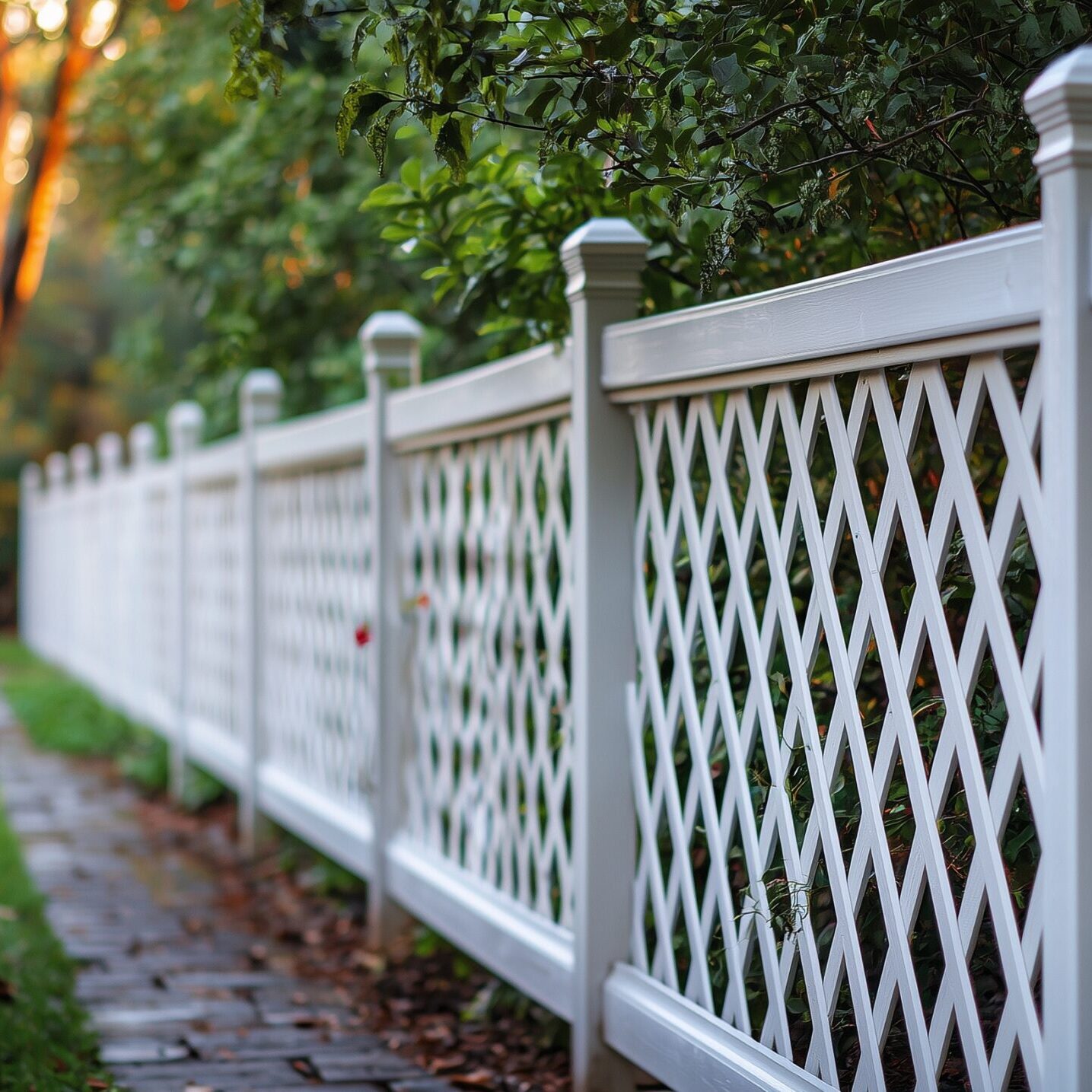 Beautiful white lattice fence in a well-maintained garden. we clean and resurface all fence materials