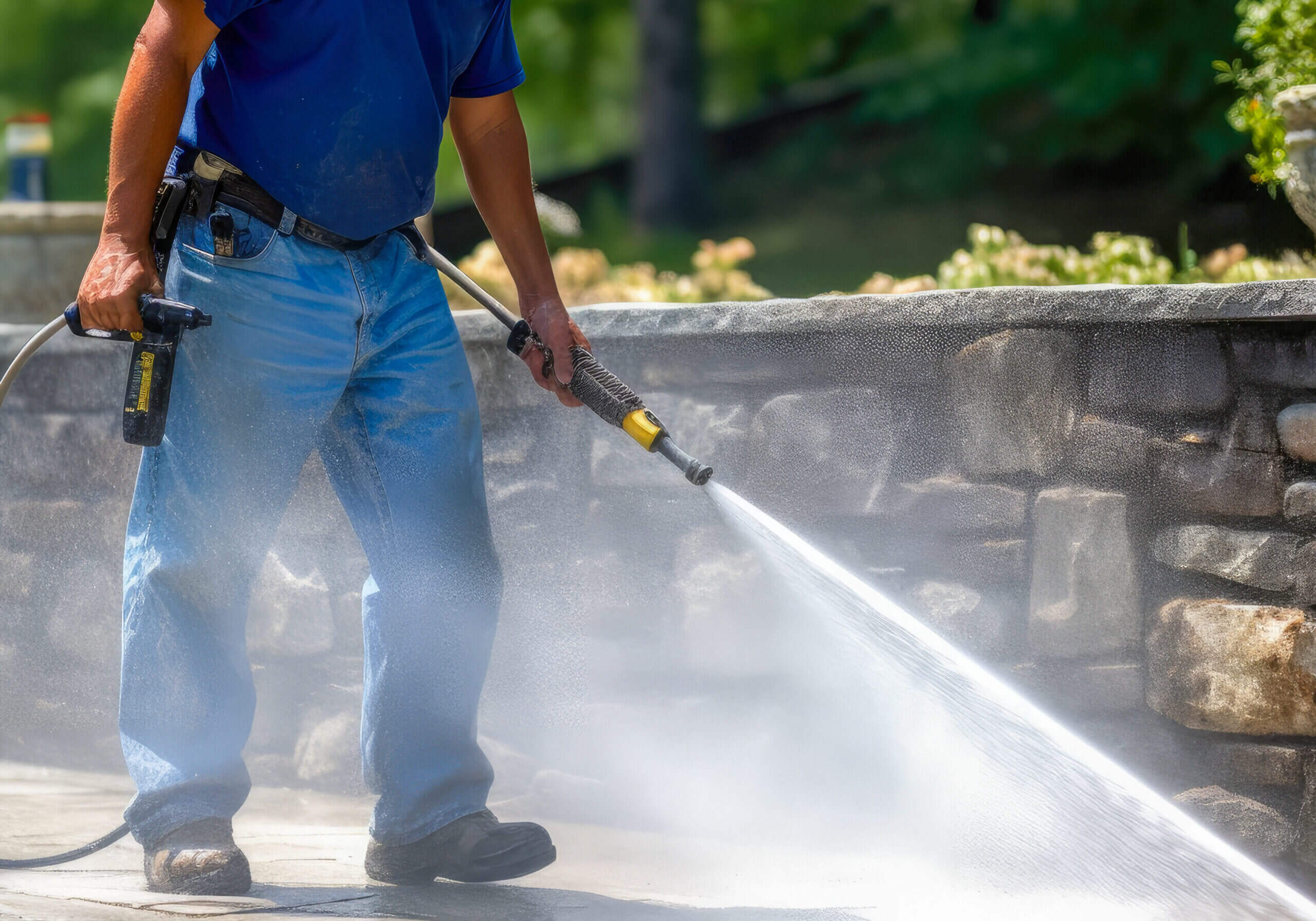 Professional pressure washing of a low stone garden wall and backyard patio concrete for a refreshed and spotless outdoor space. CONCRETE SEALING SERVICES
