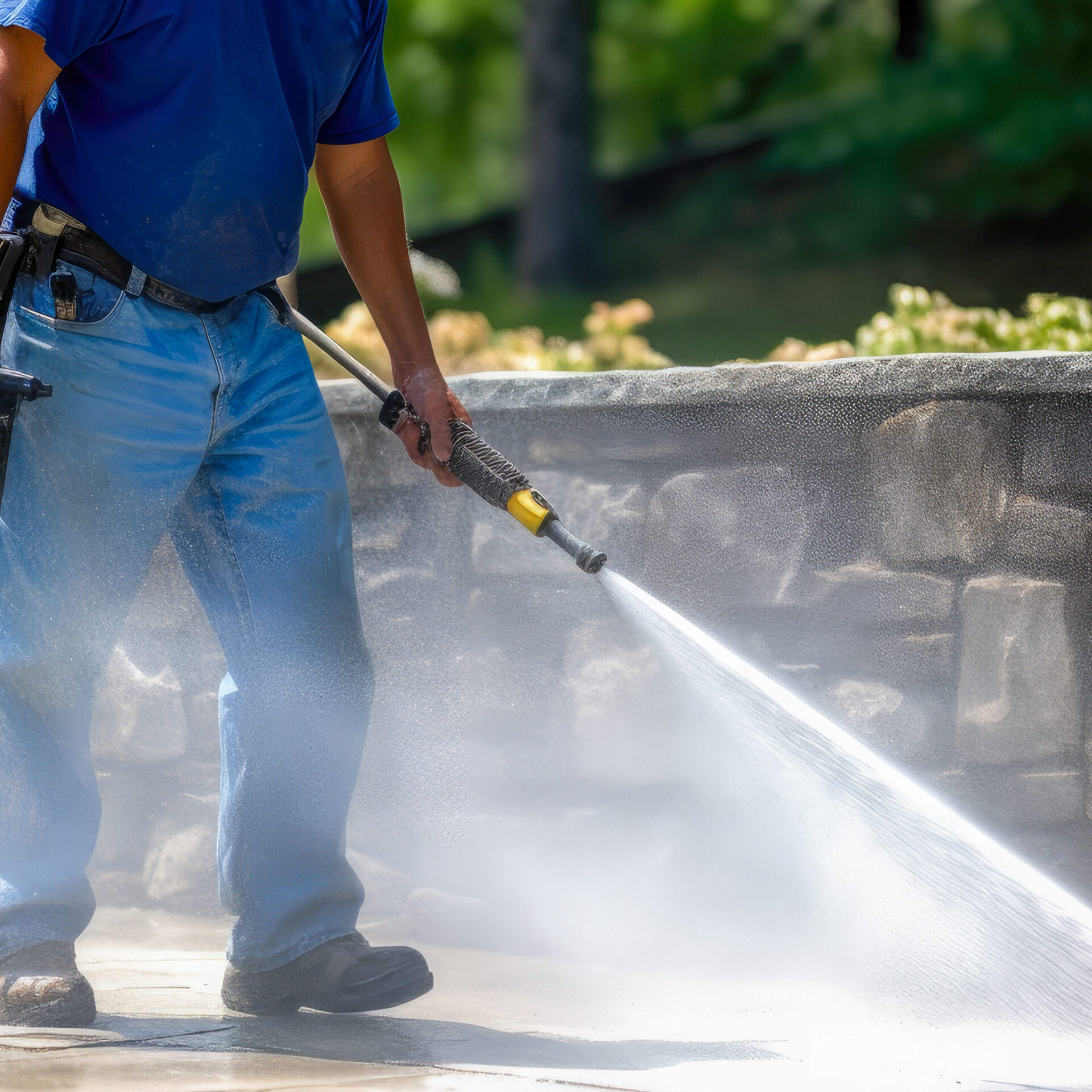 Professional pressure washing of a low stone garden wall and backyard patio concrete for a refreshed and spotless outdoor space. CONCRETE SEALING SERVICES