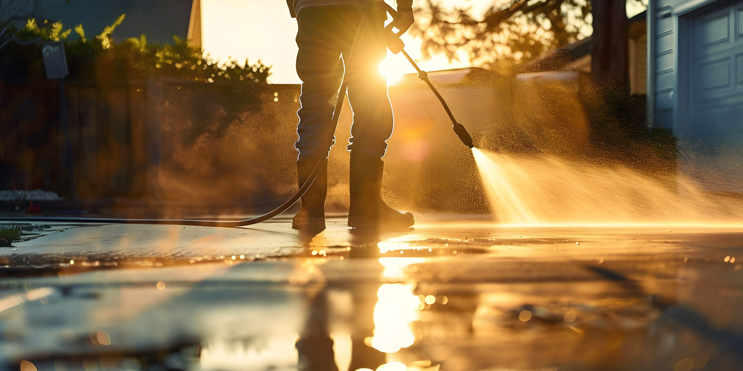 A man using an electric pressure washer to clean a concrete driveway in a sunny suburban neighborhood.