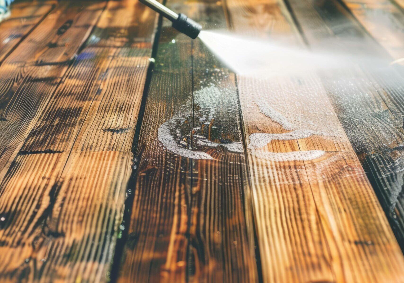 Close-up of a soft wash DECK pressure cleaning on a beautiful hardwood terrace, prepping it for a clear stain and protective seal.