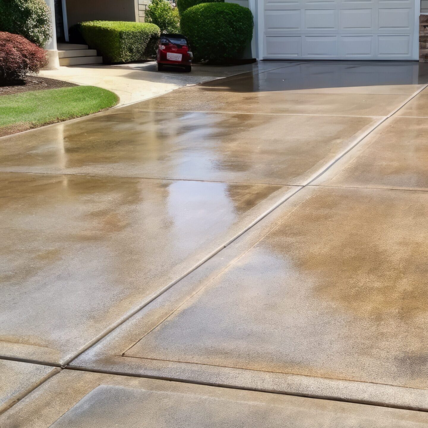A freshly cleaned concrete driveway after a professional pressure washing service, showing water marks and removed dirt. SCHEDULE YOUR CONCRETE SEALING SERVICE TODAY
