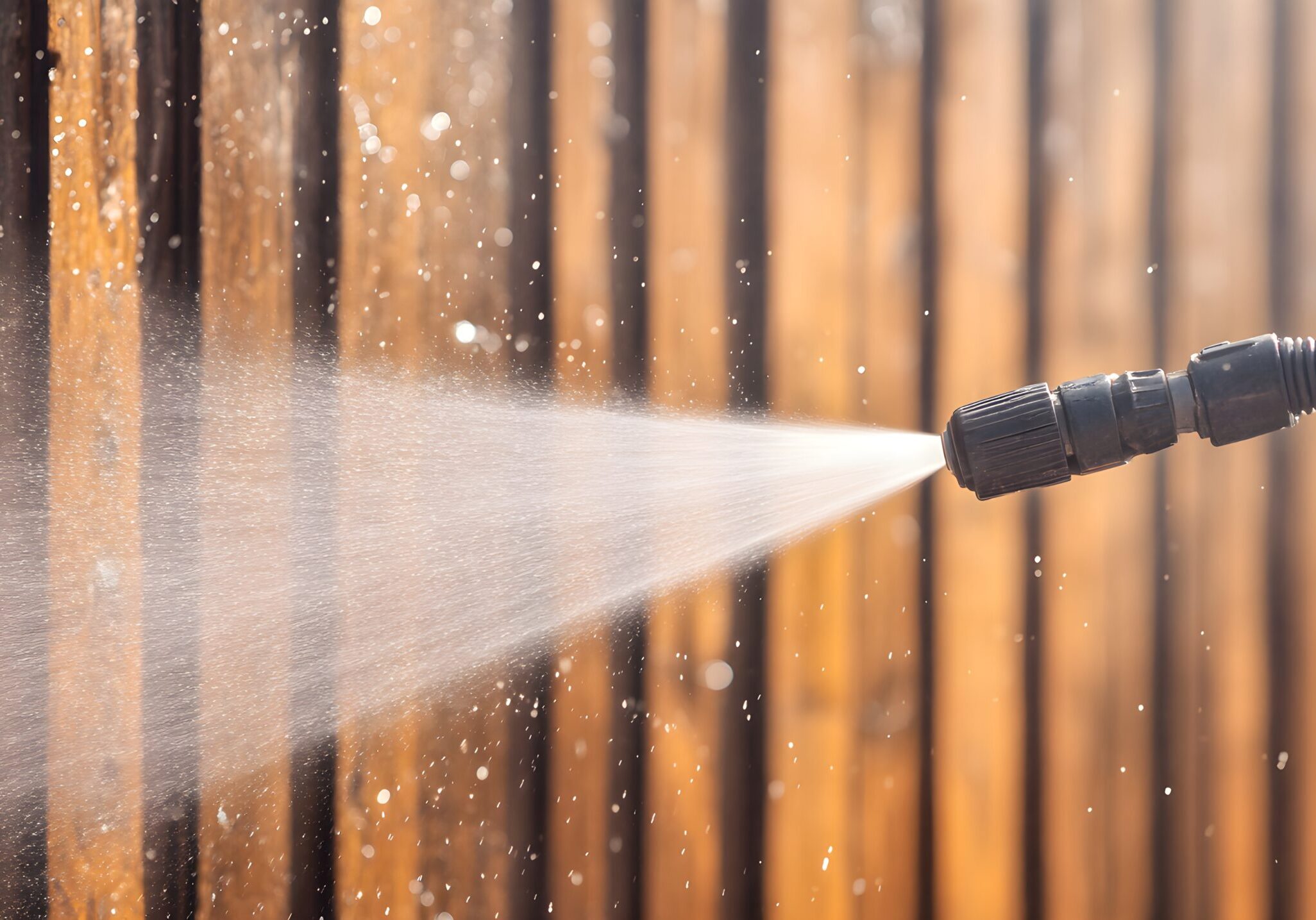 A wooden slat fence undergoing a soft wash pressure washing FENCE to remove dirt and prep for a hand-stained sealant application.