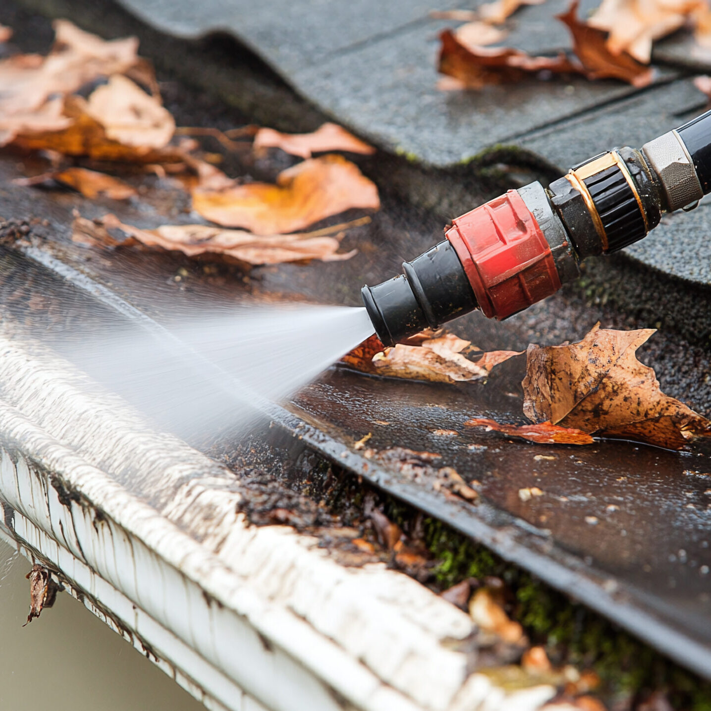 A close-up of rain gutters clogged with leaves and moss, with a pressure washer clearing debris.