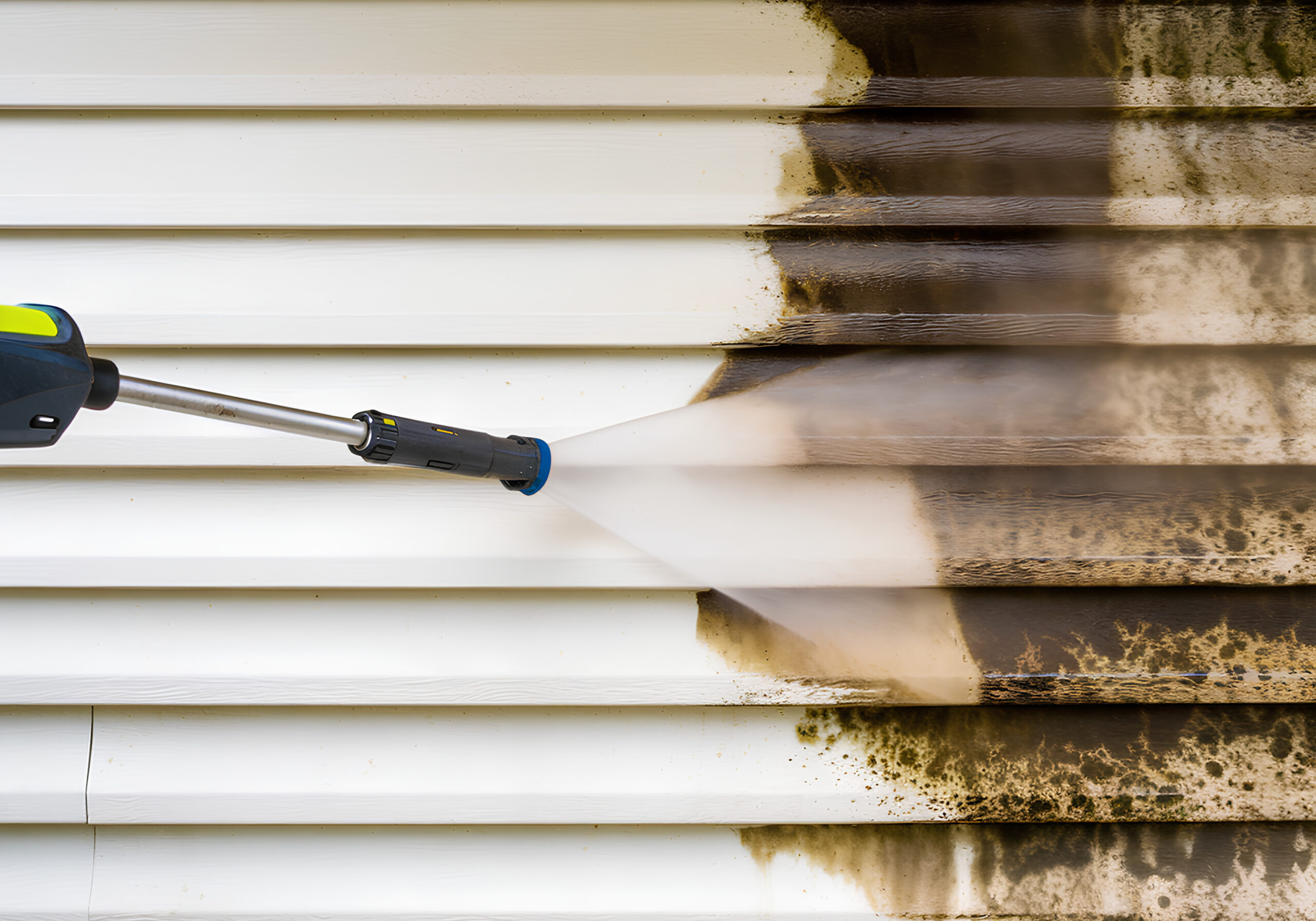 Before-and-after comparison of a house’s vinyl siding, showing dramatic results from professional exterior home pressure washing service.