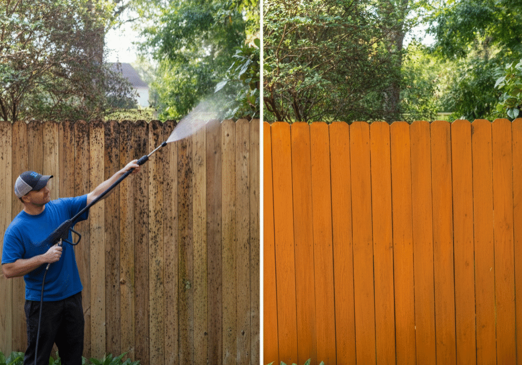 A beautifully restored wooden fence with a rich, vibrant stain, symbolizing professional fence staining, sealing, and pressure washing services.