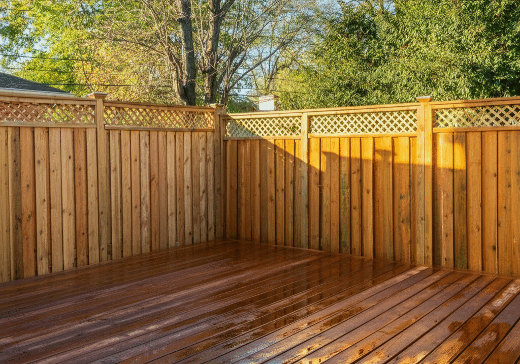 A freshly stained backyard deck with a smooth, glossy finish surrounded by a lush, green yard. view our fence care services list or our deck care services list.