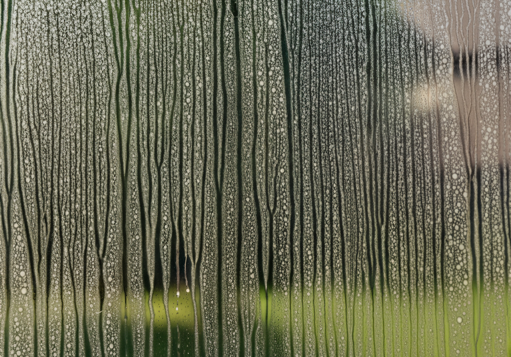 Close-up of a window with visible pollen and hard water stain buildup.