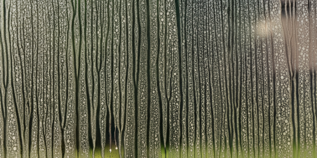 Close-up of a window with visible pollen and hard water stain buildup.