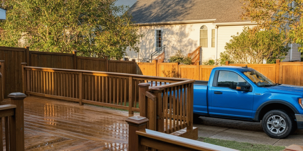 A professional cleaning technician pressure washing and wood care services - view Blue Monkey residential service list, deck care services list, fence care services list, & pressure washing services list for your complete home restoration needs