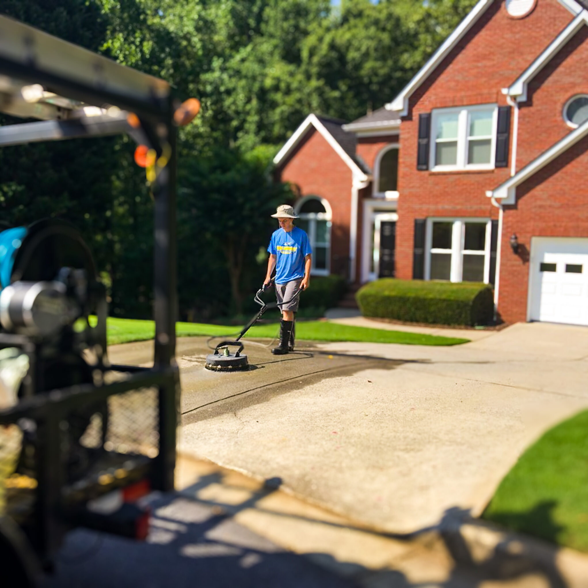 Professional exterior cleaning service technician pressure washing a concrete driveway in front of a red brick home with a specialized surface cleaner.